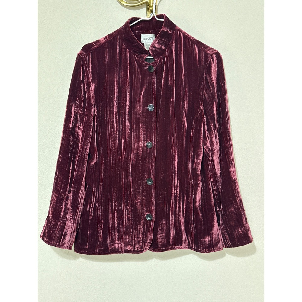 Chico's Velvet Jacket Women Size 1/Medium Burgundy Silk Blend Mandarin Collar